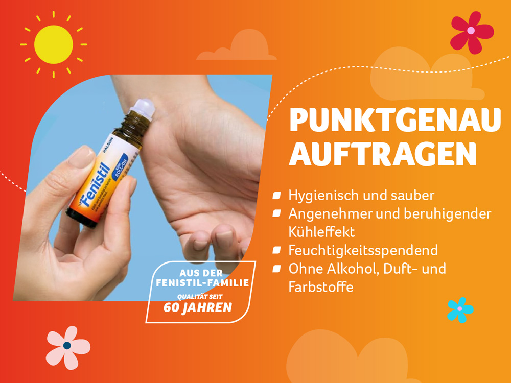 Hand hält Fenistil Kühl Roll-on. Text: Punktgenau auftragen - hygienisch und sauber.